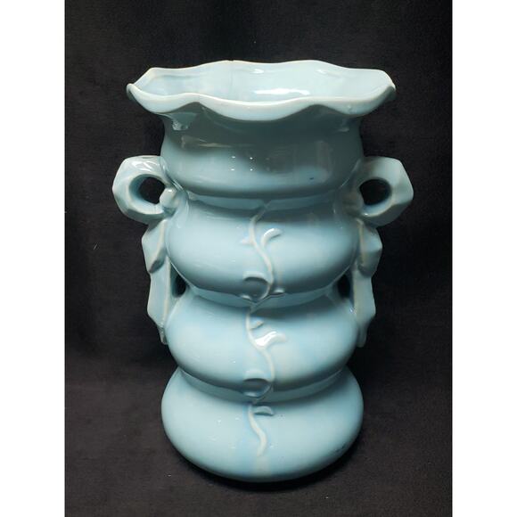 Vintage McCoy Pottery Two Handle Ribbon Vase Sky Blue Glaze Ivy Design Flowers - Picture 1 of 14